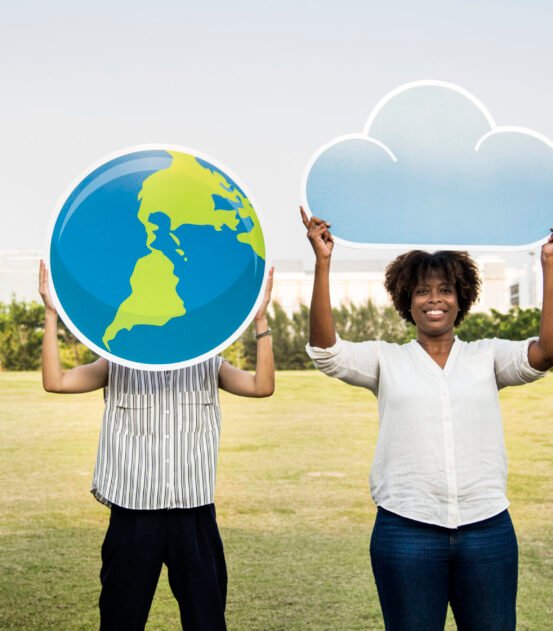 Diverse friends holding various icons