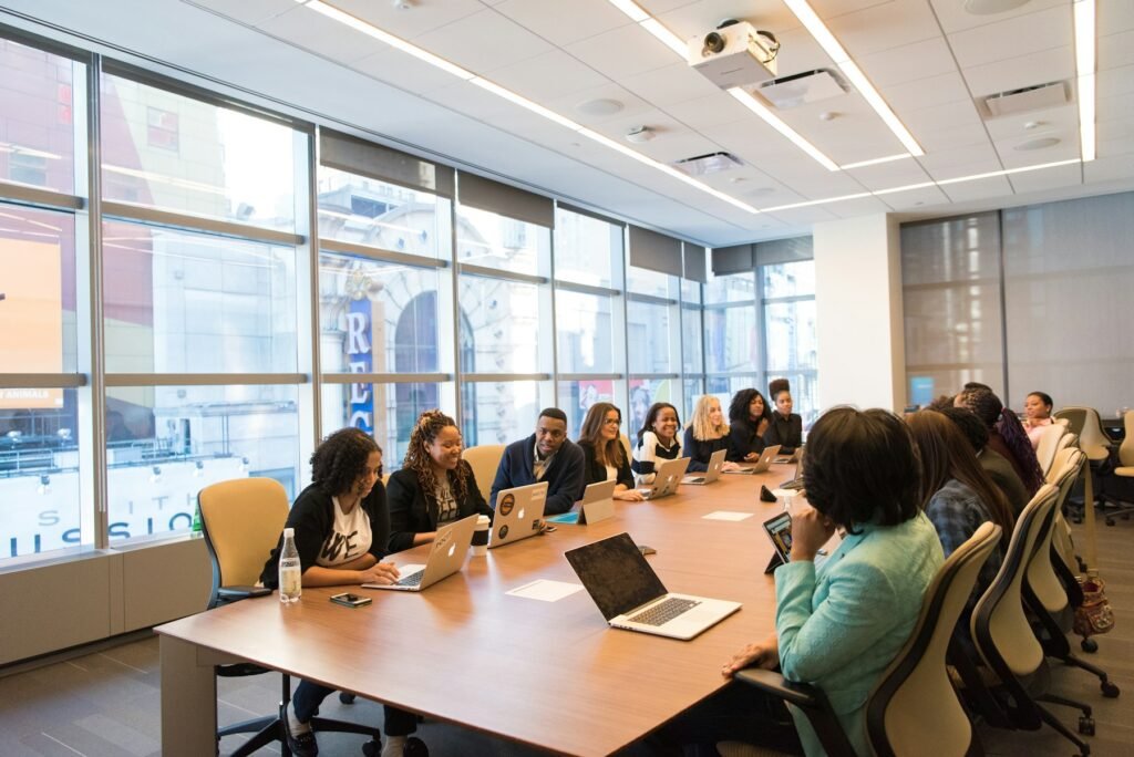 Senior managers in a boardroom meeting